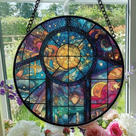 Stained Glass Window Hanging Moon - Stained Glass Window Hanging Moon, Festival Gift Ornament, Home Wall & Window Art, Brightens Any Space with Light, Elegant Art Glass Aesthetic