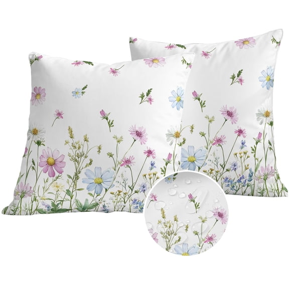 Botanical Outdoor Pillow Covers 16x16 Set of 2,Waterproof Patio Throw Pillowcase Protectors,Blue Pink Daisy Floral Watercolor White Decorative Pillow Shams Cushion Covers for Seat Bed Couch Sofa