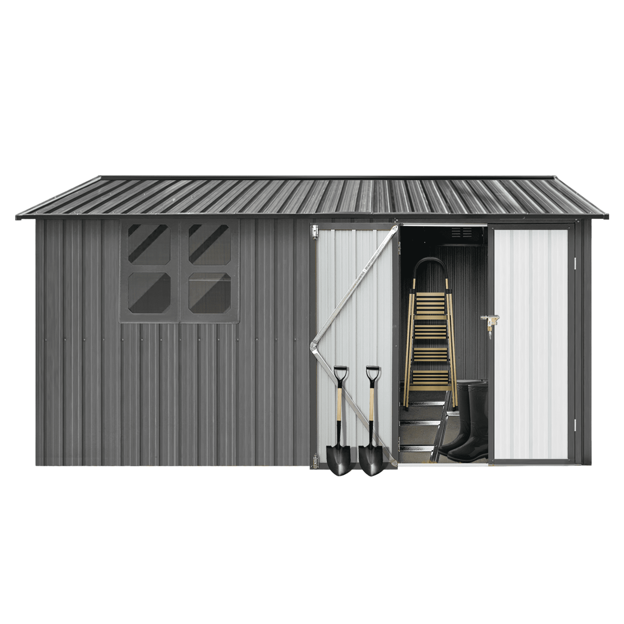 Aukfa 10 x 12FT Outdoor Storage Shed with Lockable Door, Metal Garden Tool Shed with Window & Sloped Roof for Backyard, Patio and Backyard, Gray