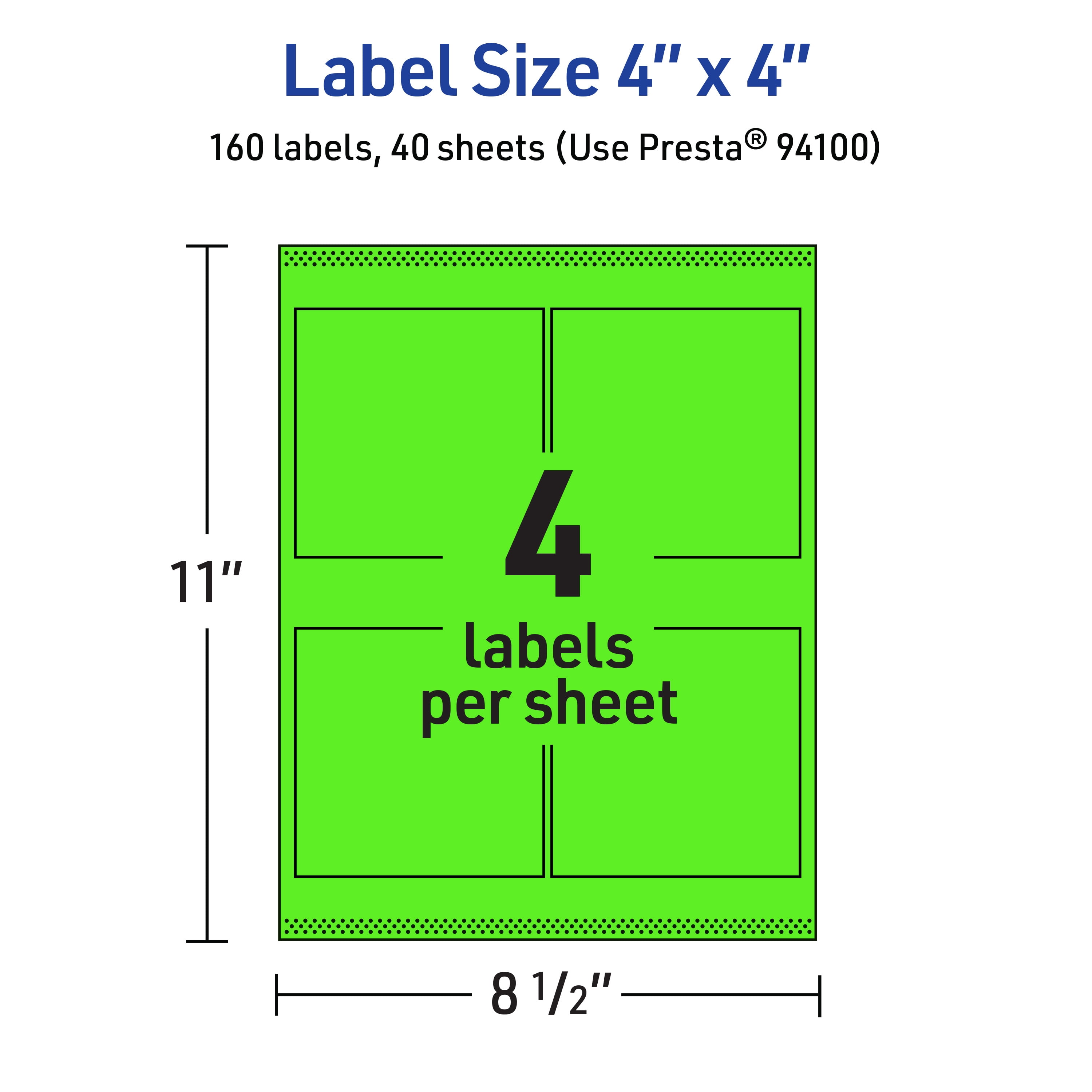 Avery Printable Square Labels, Neon Green, 4" x 4", 160ct