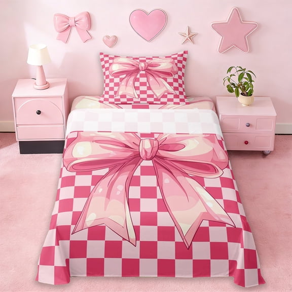 Erosebridal Girls Pink Bowknot Twin Sheet Sets,Kids Geometric Grid Printed Bedding 3 Pieces