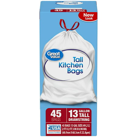 Great Value Tall Kitchen Drawstring Trash Bags, 13 Gallon, 45 (Best Kitchen Garbage Bags)