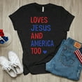 thumbnail image 2 of Loves Jesus and America Too Shirt, Patriotic Shirt, Christian 4th July Shirt, Red, White, and Blue Shirt, Independence Day Shirt (Colors:Heather Red; Sizes:S;), 2 of 2