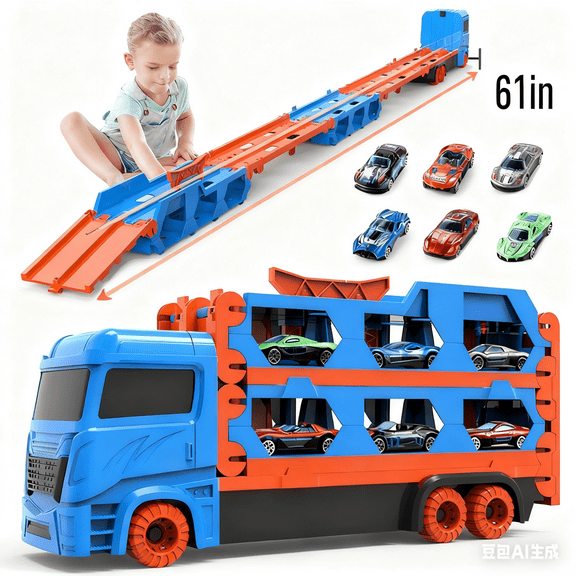 6 Ft Car Race Track Sets, Die-Cast Transport Truck Car Toys, Small Cars Carrier Truck Toy, DIY Racetrack Compatible with Diecast 6cars, Toddler Toys for 2 3 4 5 6 Years Old Boys, Ideal Gift Toys Set