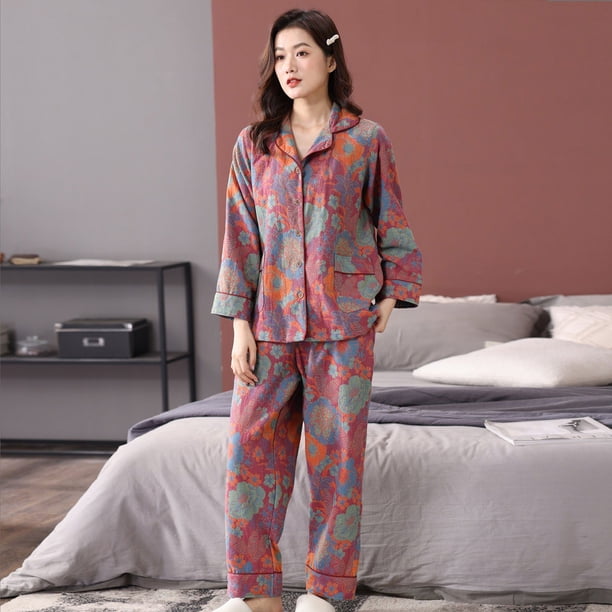 Pijama de algodón de primavera y otoño para mujer, de algodón, de doble capa, de hilo jacquard, de manga larga, de talla grande, para el hogar, se puede usar al aire libre