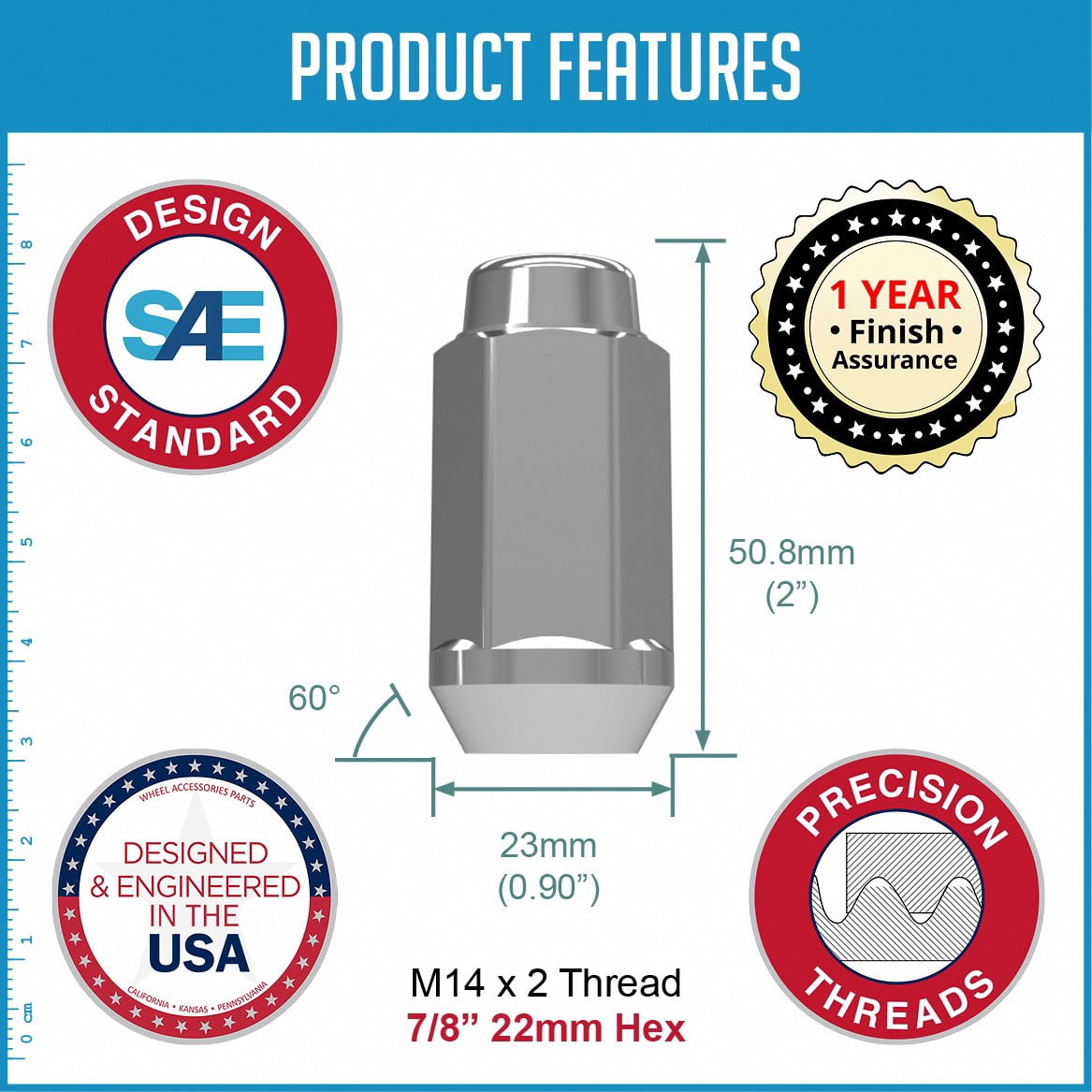 Wheel Accessories Parts 24 Pcs M14x2 Thread Bulge Acorn 2.00" Long Lug Nuts Chrome 7/8" Hex Fits Ford F-150 Expedition | Lincoln Navigator