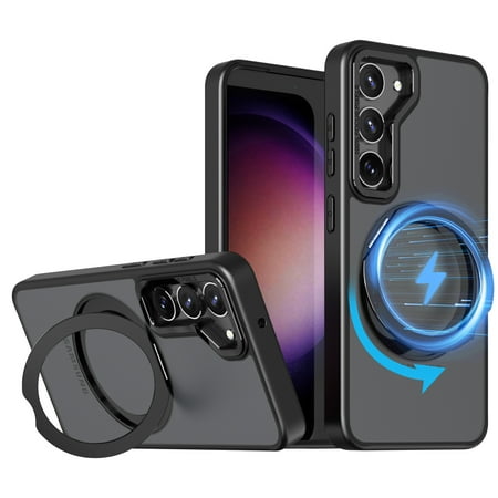 Magnetic Phone Case for Samsung Galaxy S25+ Case, Phone Case with Magnetic Invisible Stand Kickstand Ring Holder Slim Thin Shockproof Anti-fall Translucent Bumper Women Men Cover Case,Black