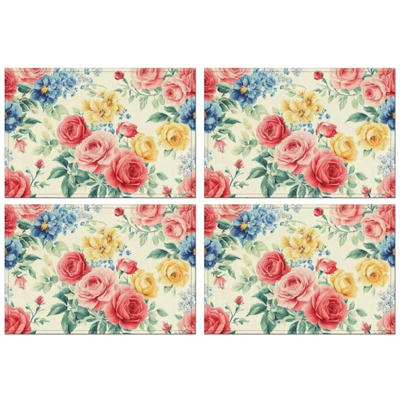 Pioneer Flower Floral Print Pattern Summer Placemats Table Placemats Set Of 4-Linen Kitchen Washable Placemats Table Mats 12x18 Inch Non-Slip Heat Resistant