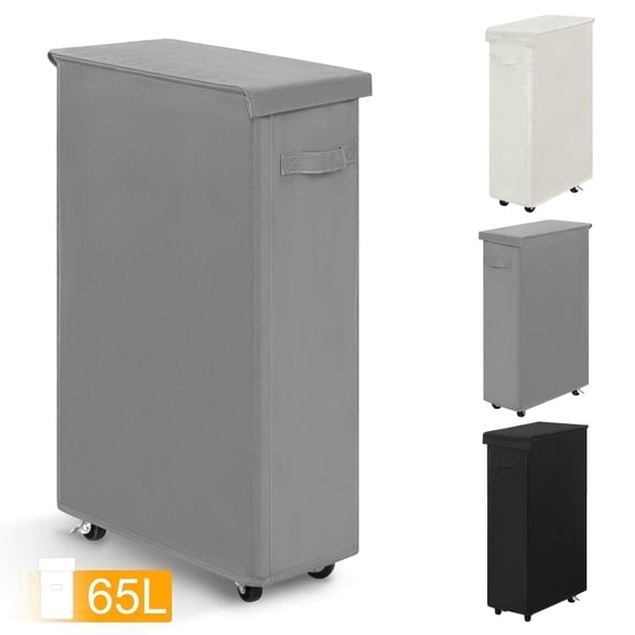 BGTREND 28'' Tall & Slim Laundry Hamper with Lid and Wheels Narrow Laundry Basket Collapsible Dirty Clothes Hamper Portable Laundry Storage Bin Oxford (65L, Gray)
