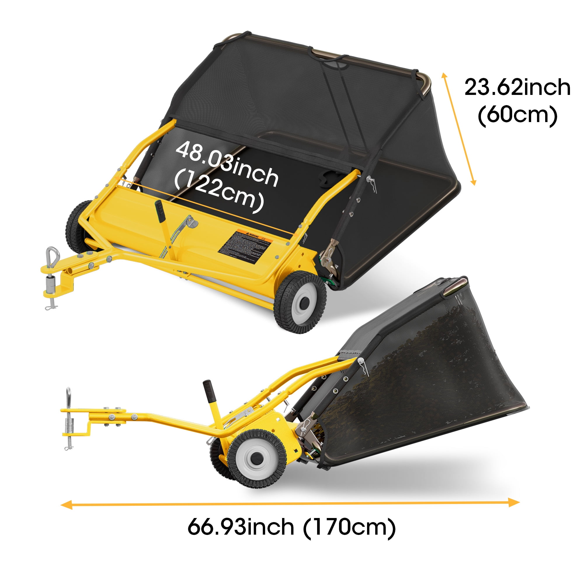 48" Tow-Behind Lawn Sweeper, Pull Behind Grass and Leaf Collector with 25.16 Cu. ft Hopper, Adjustable Brush Height Lever & Dumping Rope for Lawn and Yard Cleanup,Yellow