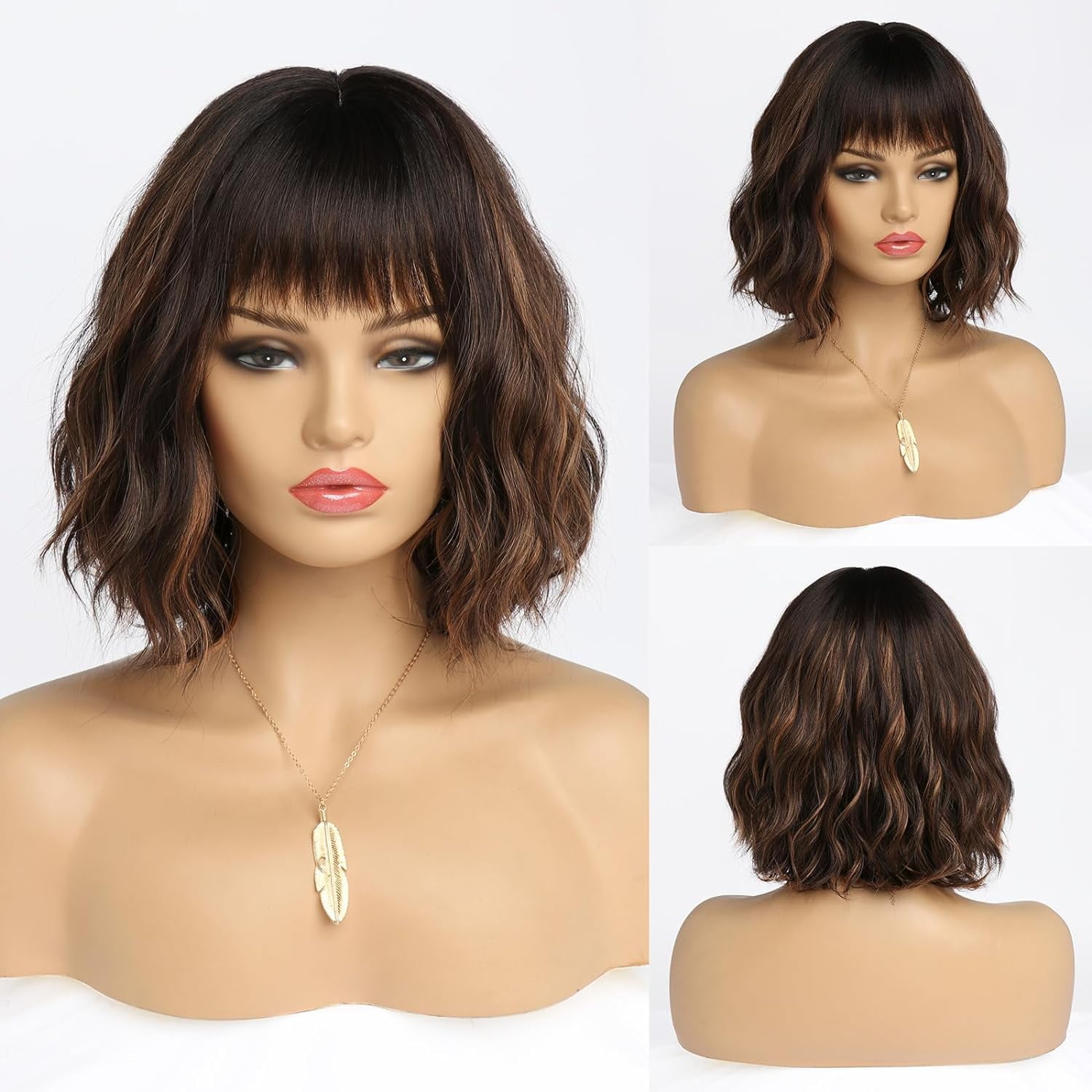 SUCS Short Wigs for Women Grey Wavy Bob Wig with Bangs Medium Length Synthetic Hair Water Wave Dark Roots Wig Gray Colorful Wigs（12 Inches）