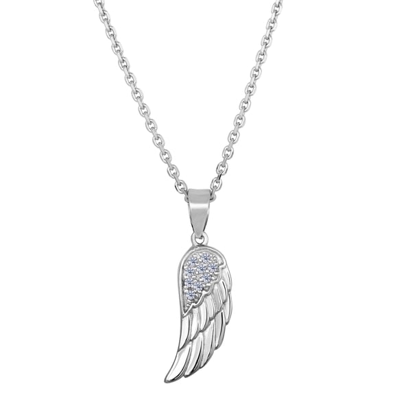 Sterling Silver Angel Wing Pendant CZ Fashion Necklace, 18"