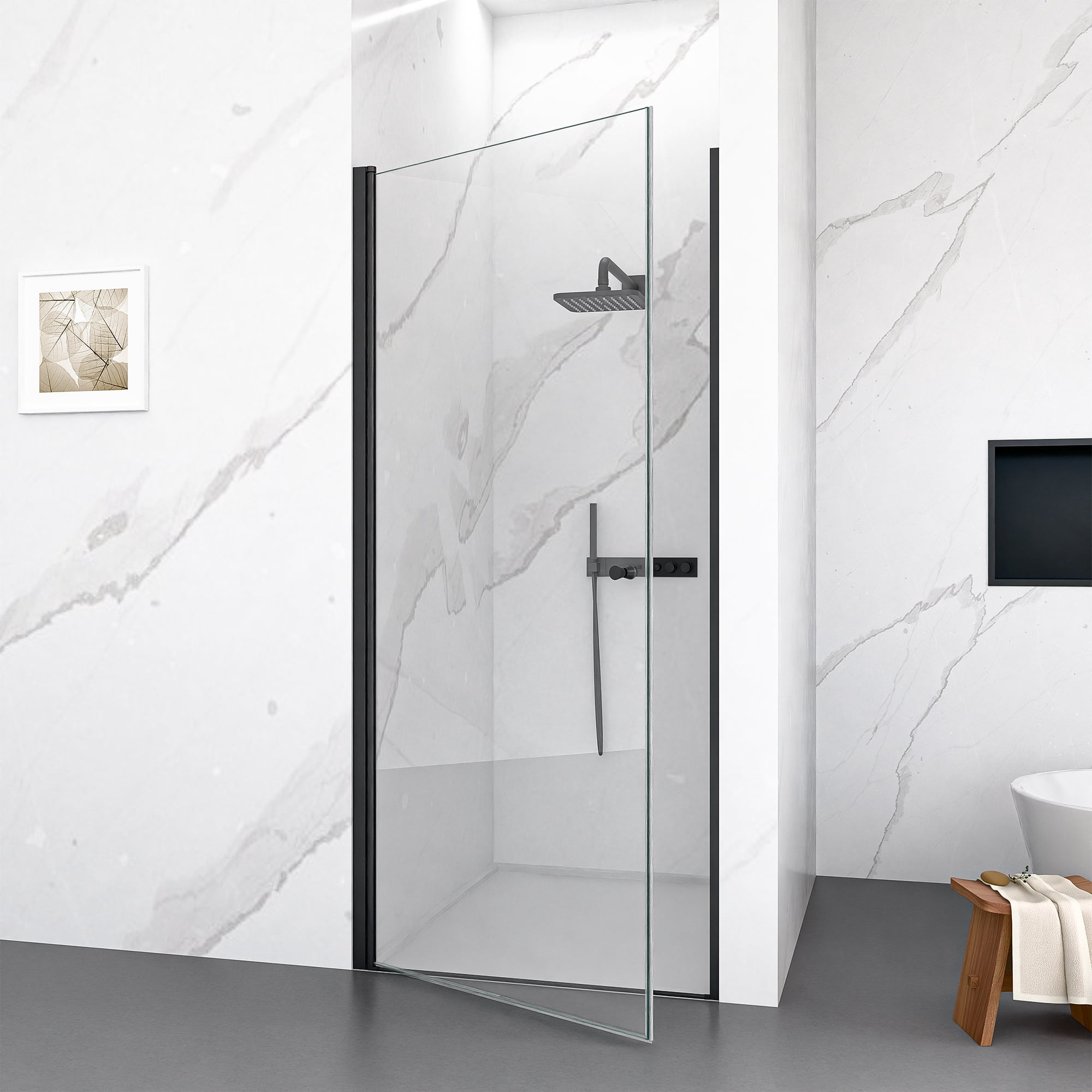 Leumius Modern Semi-Frameless Circular Pivot Shower Door - 24"W x 72"H Matte Black Frame, 6mm SGCC Tempered Glass.