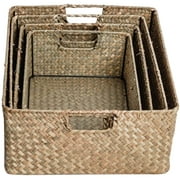 WESTOCEAN Storage Basket with Wicker Baskets lid bin Large Small Seagrass lids- Retro Hand- Woven Seaweed Storage Basket Household Rectangular Sundries Organizer- Storage Box