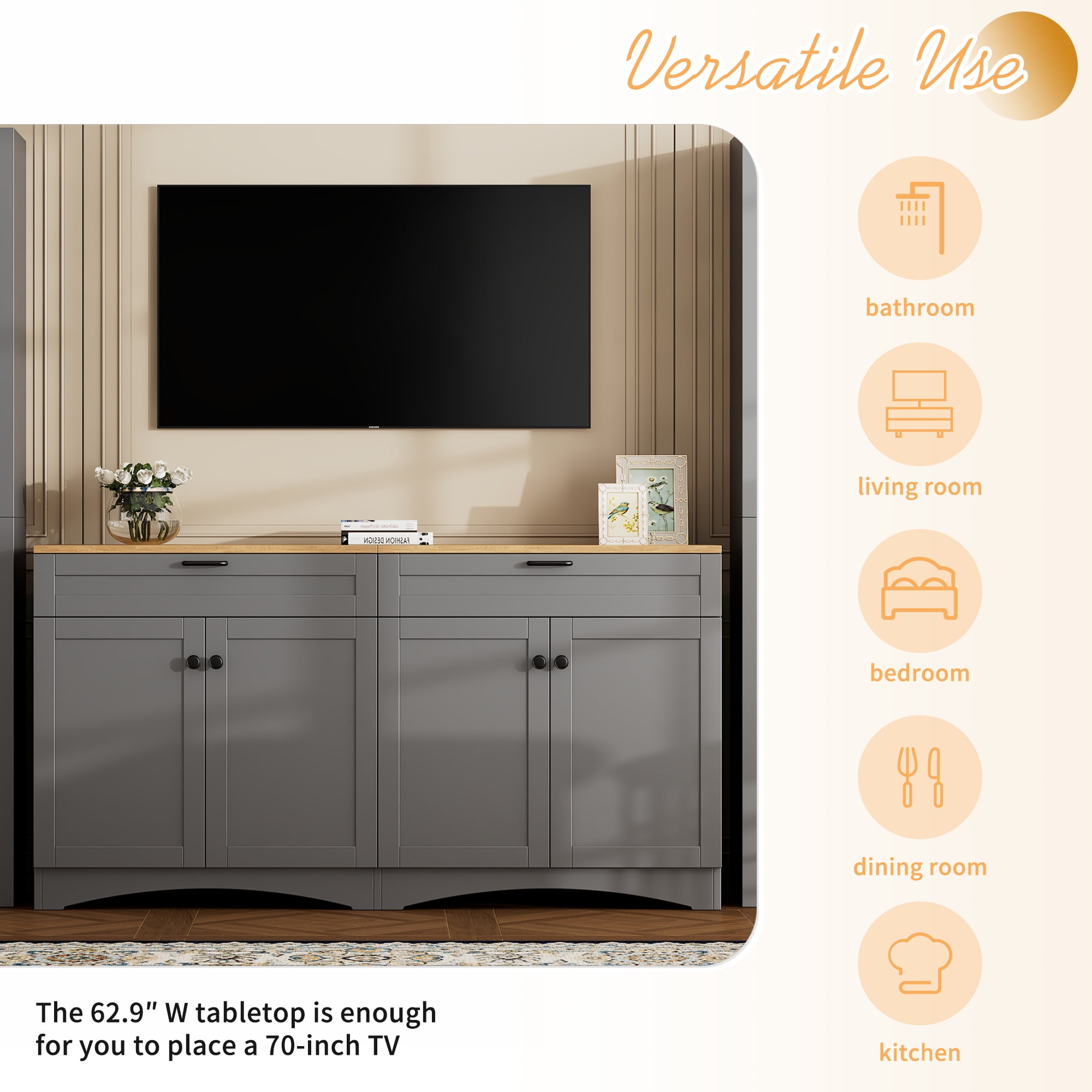 Euroco 3-Piece Farmhouse Entertainment Center with Storage Cabinet for TVs Up to 70", Mid-Century TV Stand with Bookshelf, Rustic Versatile Sideboard with Adjustable Shelves for Living Room