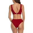 thumbnail image 4 of Women's Deep V Neck Ribbed Textured High Waist Two Piece Bikini Set Bathing Suits Push Up Padded Swimwear Wine XL, 4 of 6