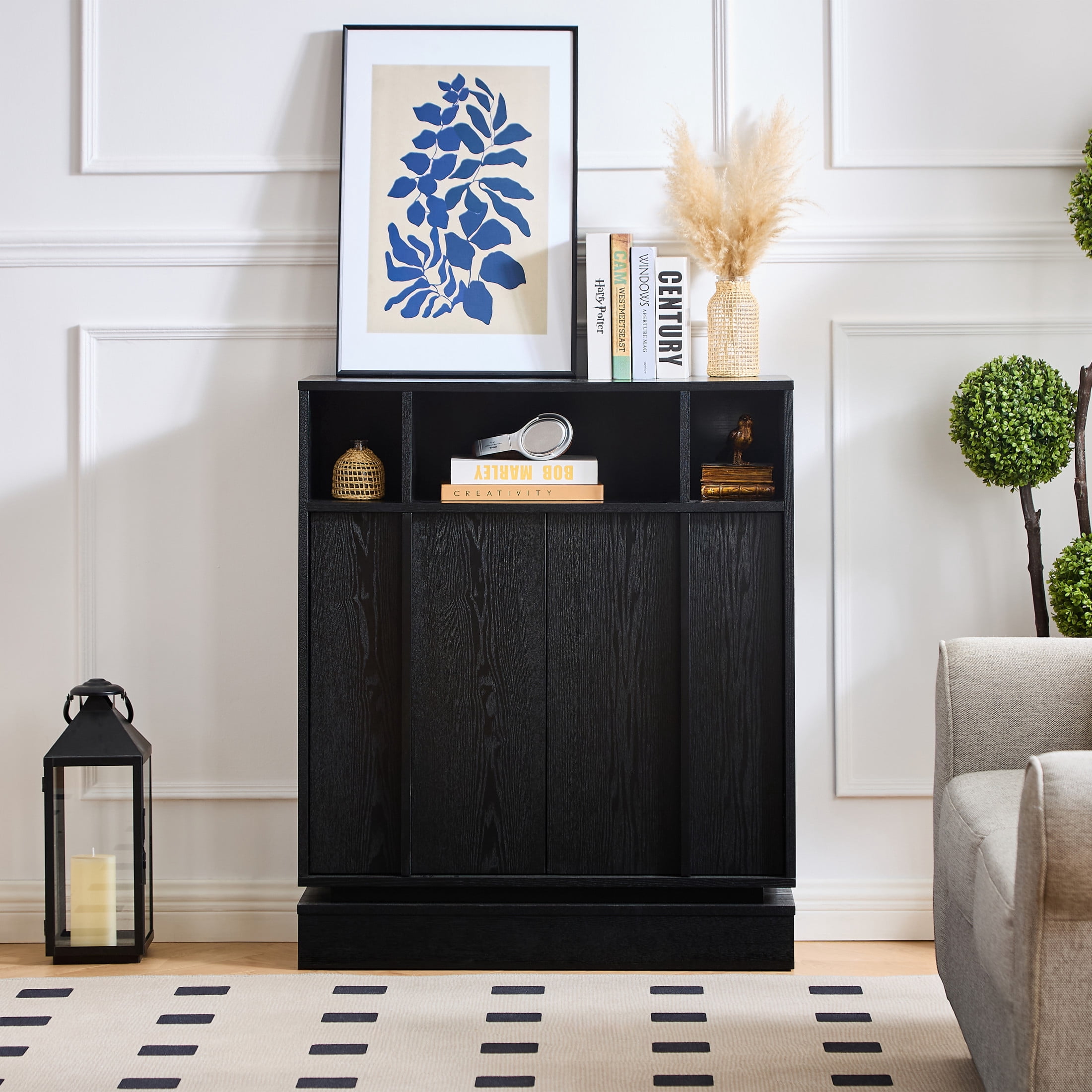 GDF Studio Farmhouse Fluted Sideboard Buffet Cabinet with 2 Doors, Adjustable Shelf, Black