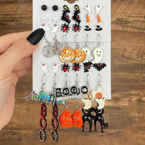 21 Pairs/ Set Halloween Stud Earrings & Dangle Earrings Pumpkin Ghost Bat Spider BOO Cat Design Earrings Cartoon Style Halloween Gift