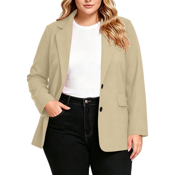 Cmfcve Women's Plus Size Blazer Notch Lapel Dressy Casual Work Suit Jacket Long Sleeve Button Front Office Blazer with Pockets