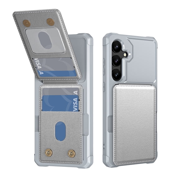 ELEHOLD for Samsung Galaxy S25 FE Case, PU Leather Magnetic Button Closure Credit Card Holder Slots Stand Function Wallet Shock-Absorbent Shockproof Phone Case for Samsung Galaxy S25 FE,Silvergray