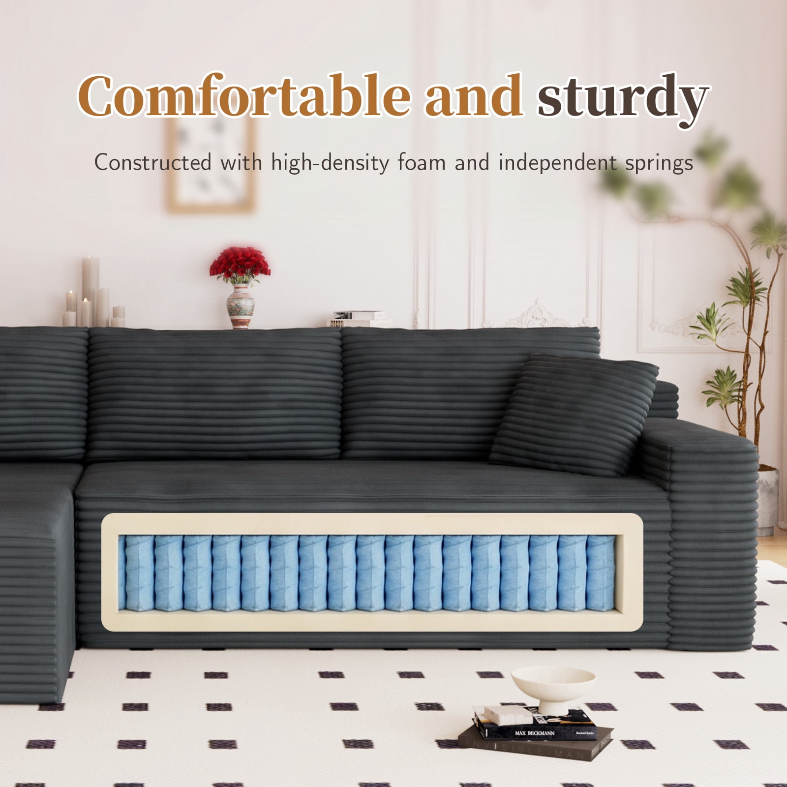 Lunale 105" Modular L-Shaped Sectional Sofa, Boneless Cloud Couch, No Assembly Required, Modern Deep Seat Corduroy Sofa for Living Room, Dark Gray (Left Facing Chaise)