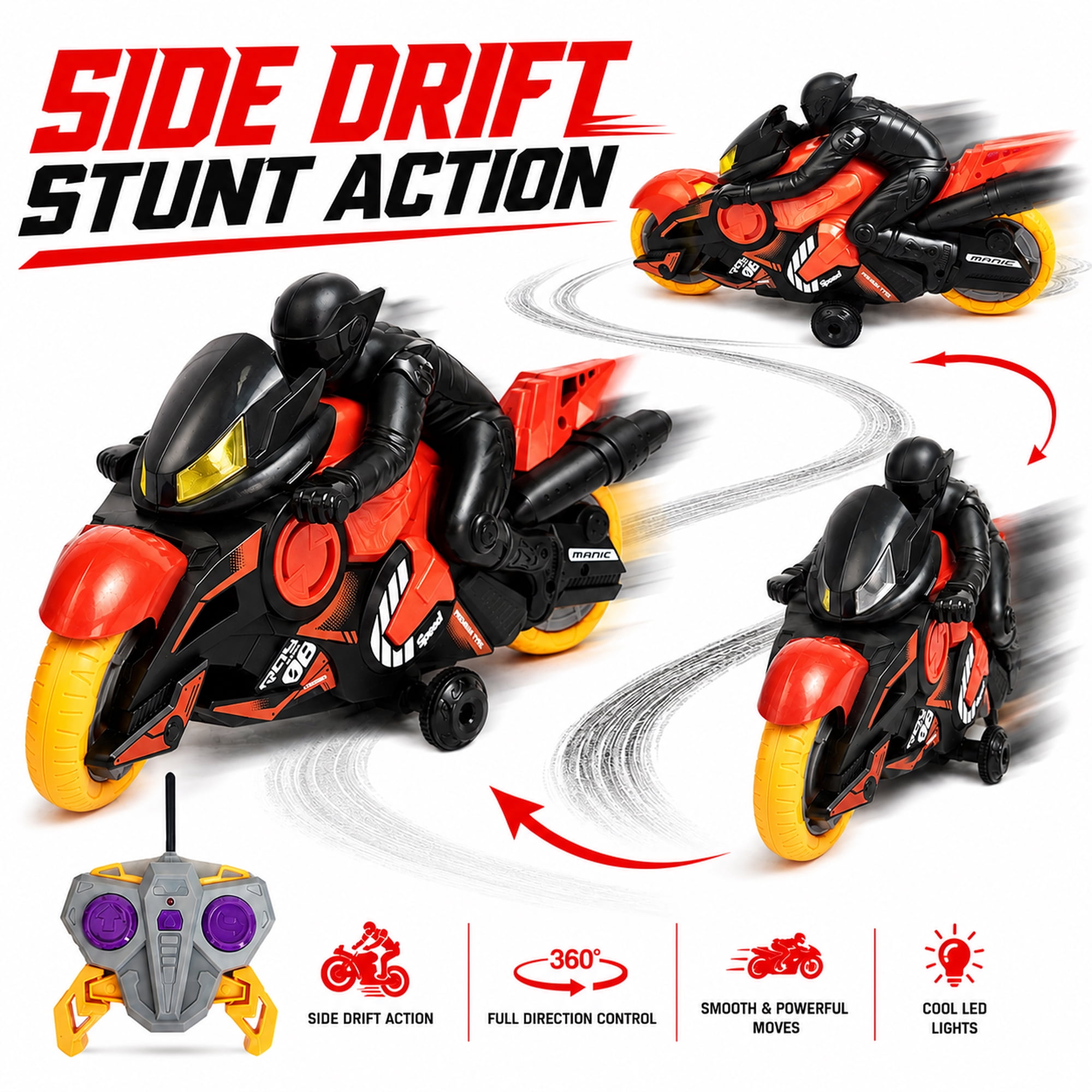 Stunt Motorcycle Toy with Remote Controller, 360° Spinning Motorbike with Side Drift Wheels, Indoor Racing Toy for Kids Ages 3+