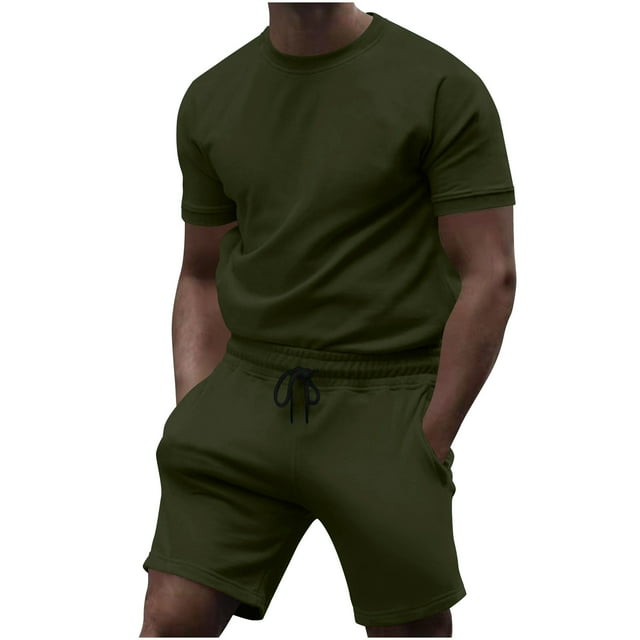 Conjunto de Pantalones de Dos Piezas de Color Sólido Casual de Manga Corta de los Hombres Camiseta Y Pantalones de Playa con Bolsillos Verano