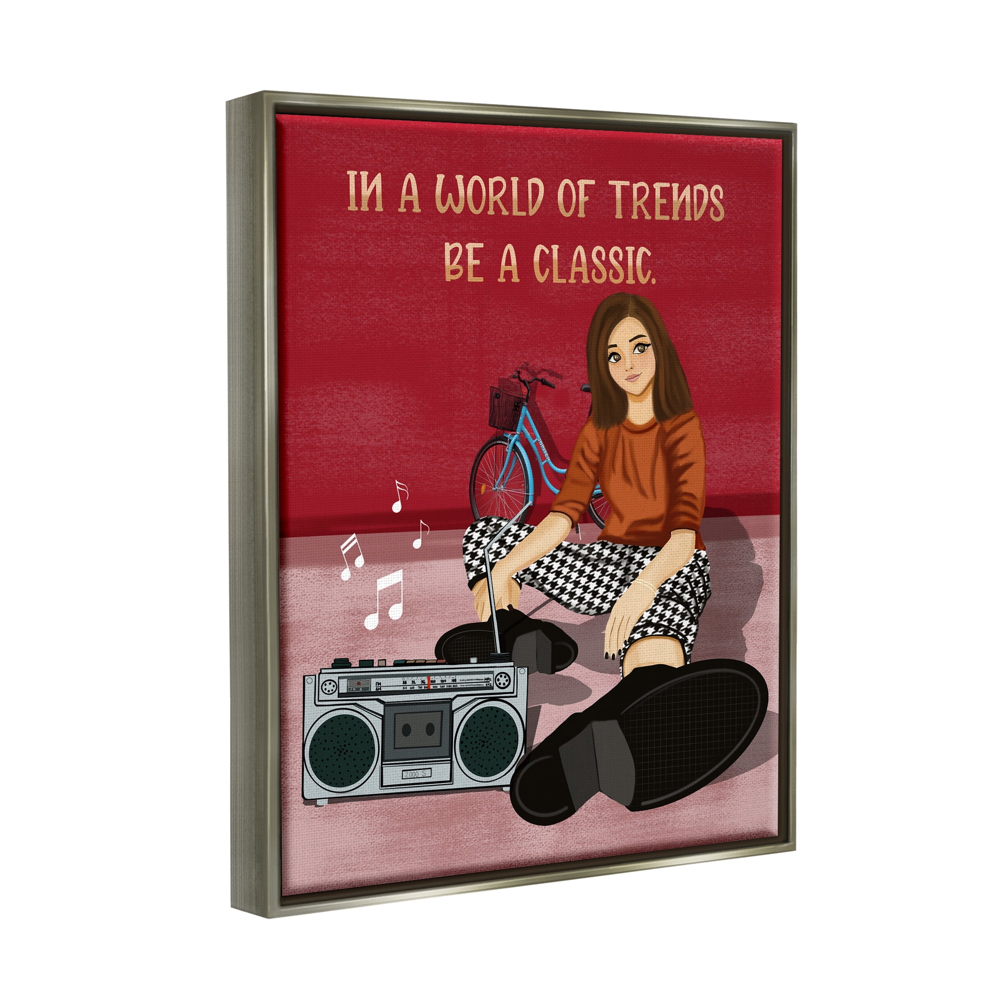 Stupell Industries Motivational Girl with Boombox Abstract Painting Gray Floater Framed Canvas Art Print Wall Art, 25 x 31