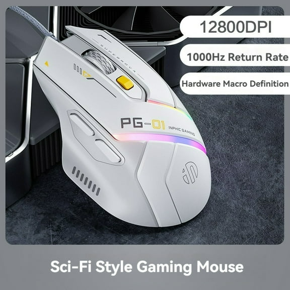 Inphic Pg1 Wired Mouse Gaming Mouse RGB Light Emitting Macro Programming 12800DPI 6 Keys Computer Mouse 1000hz Polling Rate