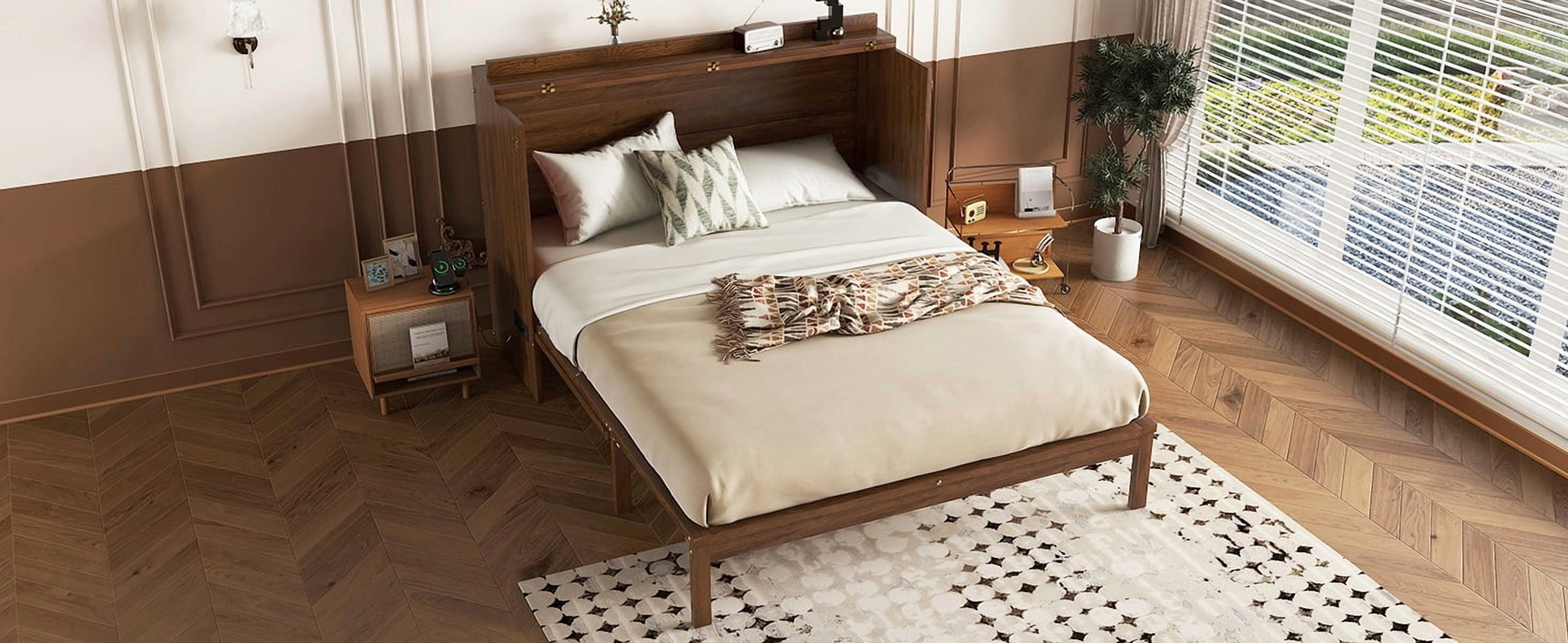 Sailvan Queen Size Murphy Bed, Pine Wood Cabinet Bed with Power Station & Rattan Decoration Panel