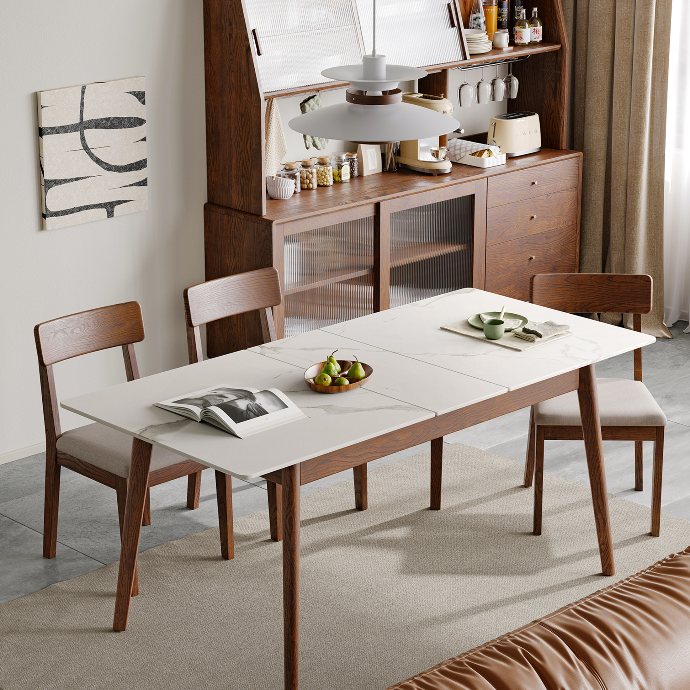 Walnut Solid Oak Dining Table with White Slate Top, Round Corner and Diagonal Legs, Telescopic Extendable 1.2-1.5m Table for 6-8 People, Adjustable Length, Walnut + White