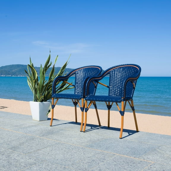 Safavieh SAFAVIEH PAT Collection Contemporary Aluminium and Wicker Armchair, Navy (Set of 2)