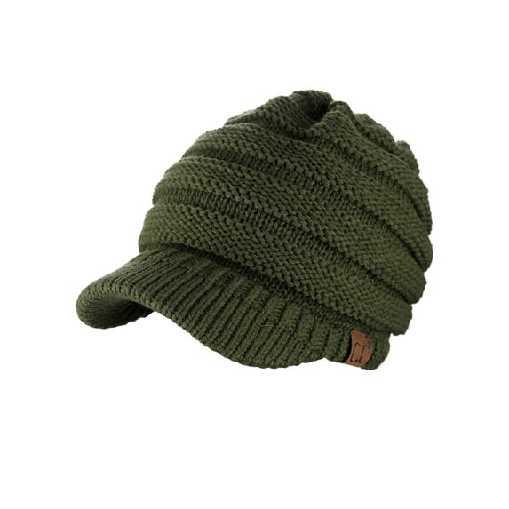C.C Warm & Thick Cable Knitted Brim Visor Beanie Cap, Dark Olive