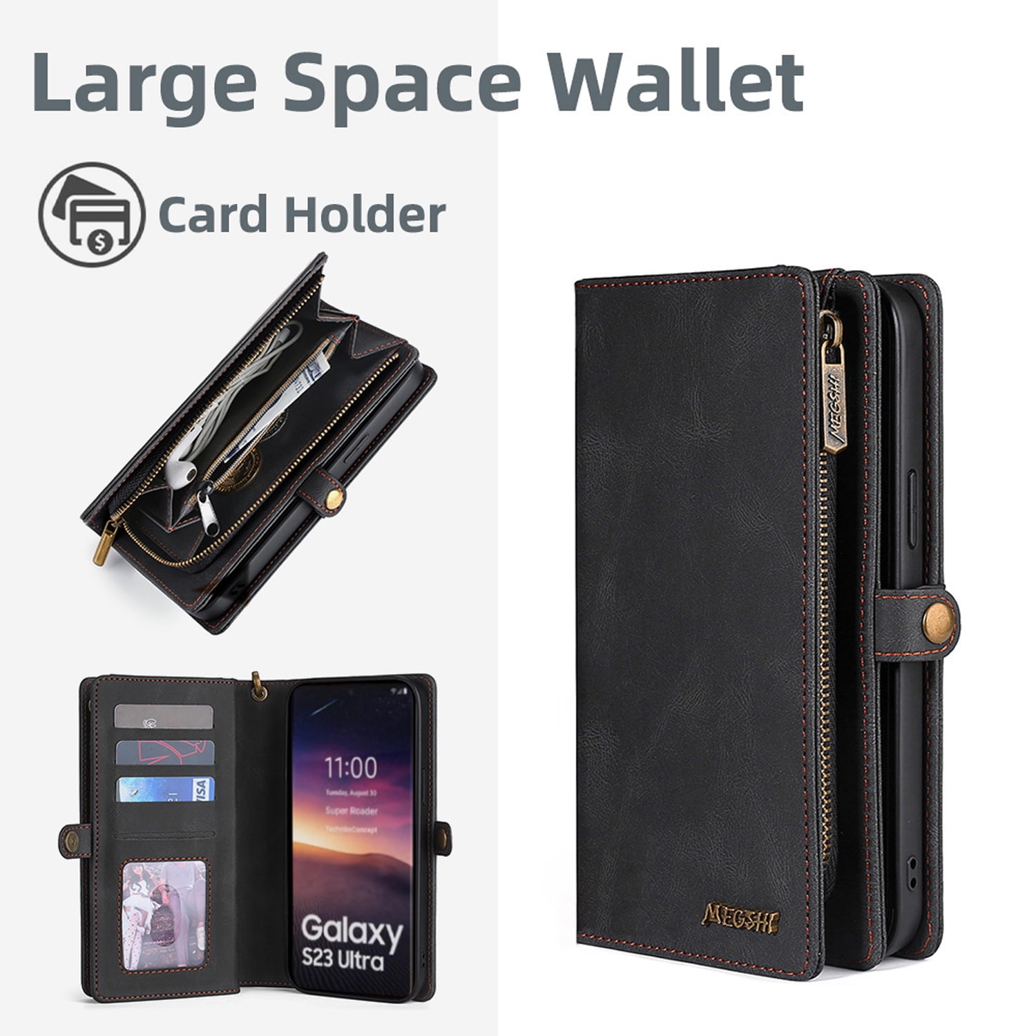 Detachable Wallet Case for iPhone 7 / iPhone 8 / iPhone SE 2022 & 2020, 2-in-1 Zipper Wallet with Credit Card Holder, PU Leather Wrist Strap Flip Stand Shockproof Magnetic Purse Phone Cover, Black