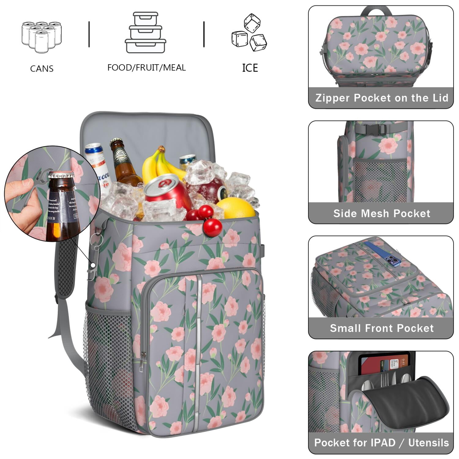 Travel Cooler Bag - Pioneer Flower Floral Print Pattern Camping Beer Cooler Backpack with Bottle Opener- Waterproof Insulated Picnic Backpacks - Cooler Bag for Beach