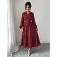 thumbnail image 4 of Burgundy Button-Front Shirt Dress Women Long Sleeve Notch Lapel Tiered Ruffle Midi Elegant Casual, 4 of 6