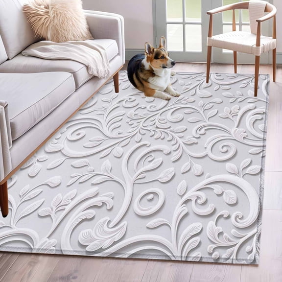Area Rugs 2.7'x5', Floral Patterns Carpet for Living Room Bedroom Dining Room, Silver White Flowers Leaves Aesthetic Throw Kitchen Rugs Non Slip Washable Rectangle Indoor Outdoor Rugs