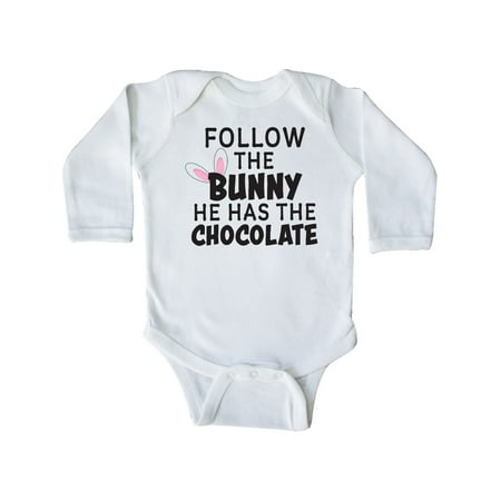 

Inktastic Follow The Bunny He Has The Chocolate with Bunny Ears Gift Baby Boy or Baby Girl Long Sleeve Bodysuit
