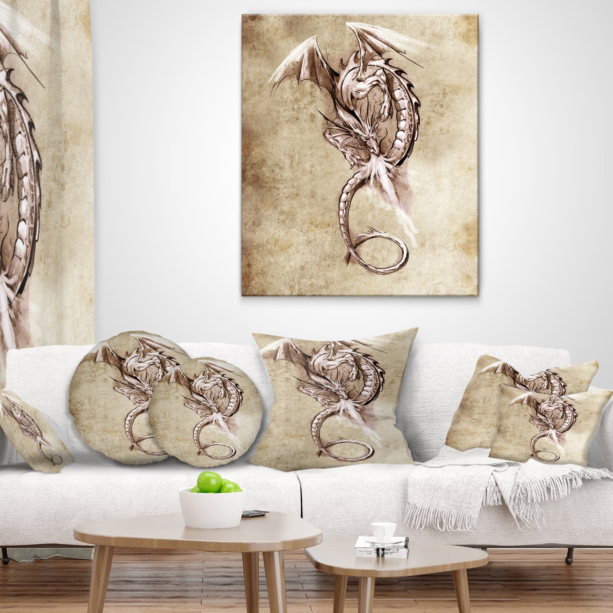 Designart Fantasy Dragon Tattoo Sketch - Abstract Throw Pillow - 18x18