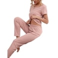 thumbnail image 3 of Yuemengxuan Lady Home Wear Warm Soft Suit, Solid Color Short Sleeve T-shirt, Loose Trousers, 3 of 5