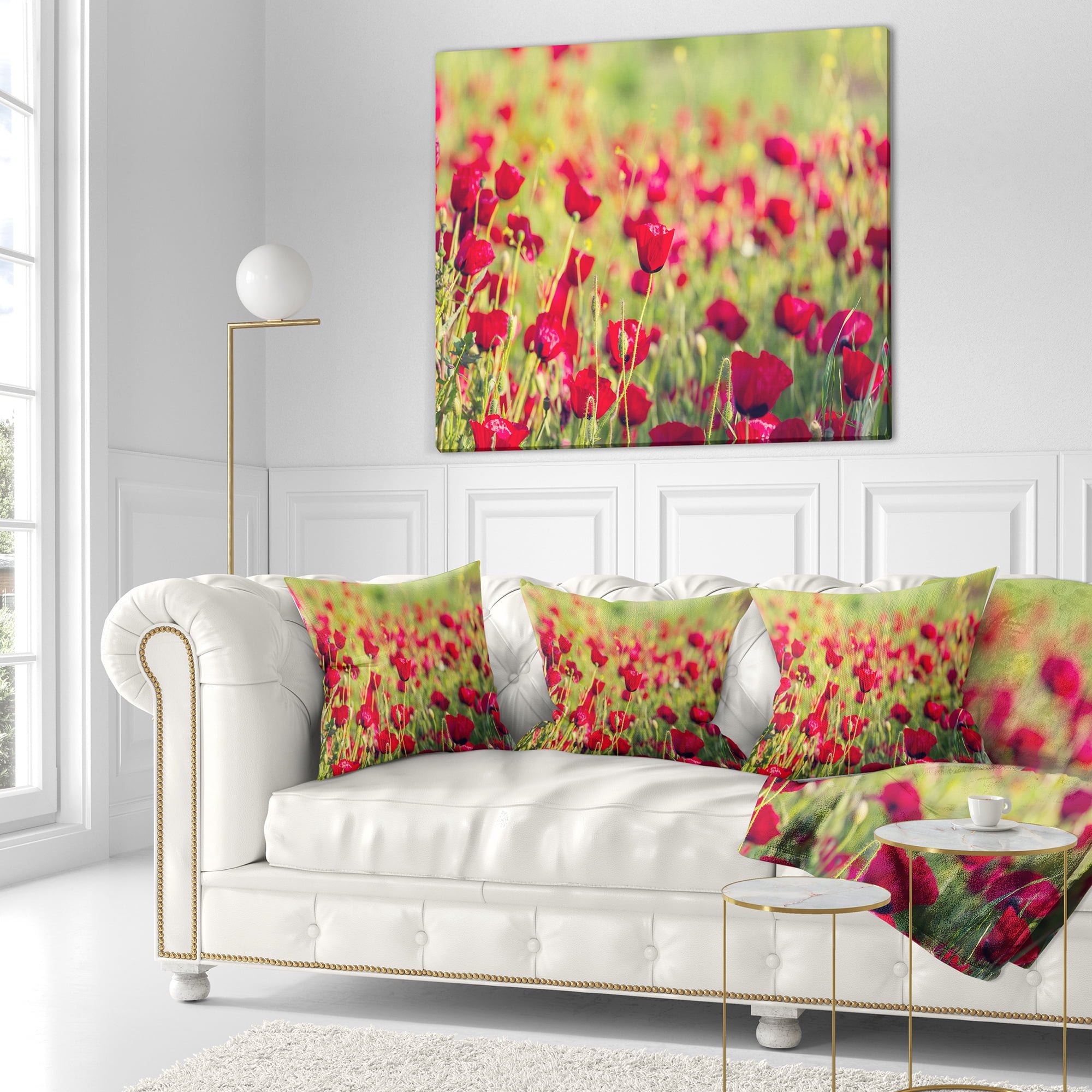 Designart Beautiful Poppy Flowers Background - Flower Throw Pillow - 18x18