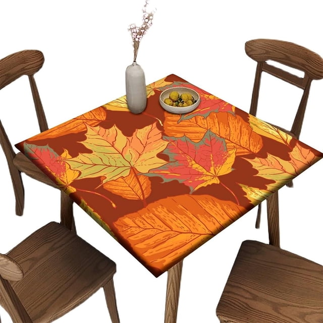 Elastic Edge Fitted Card Table Covers, Leaf Pattern Printed on Stain Resistant Polyester Table Cloth, for Outdoor Picnic Camping and Indoor Kitchen Dining Party, Fit for 36" x 36"Square Table
