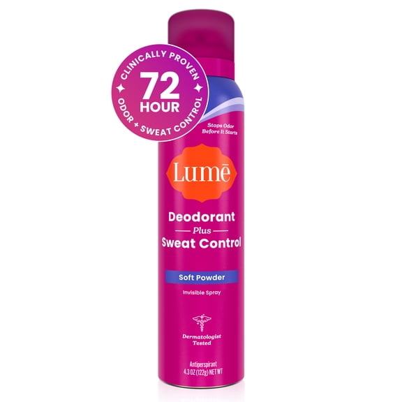 Lume Deodorant Plus Sweat Control -  Invisible Spray - Clinical Strength Antiperspirant - Soft Powder - 4.3oz