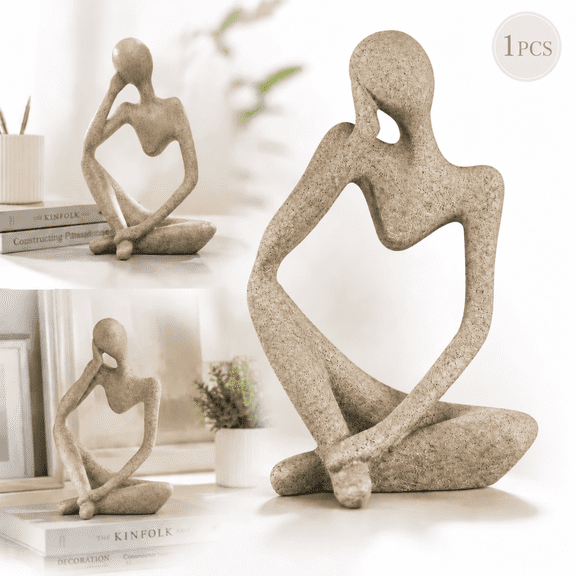 Genreen Sandstone Resin Thinker Statue, Abstract Art Sculpture for Home Office Decor, Modern Bookshelf Figurine & Desktop Accent, Small Left Pose