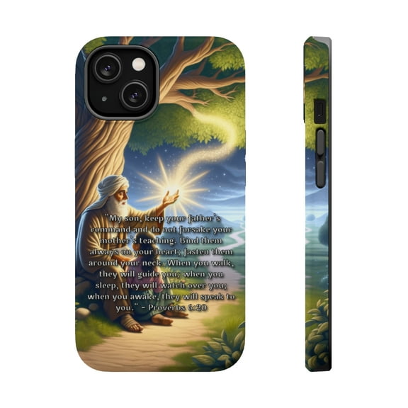 DistinctInk Tough Case for Apple iPhone 14 (6.1" Screen), Compatible with MagSafe Charging - "The Guiding Words: Proverbs 6:20 - Parents' Teachings"