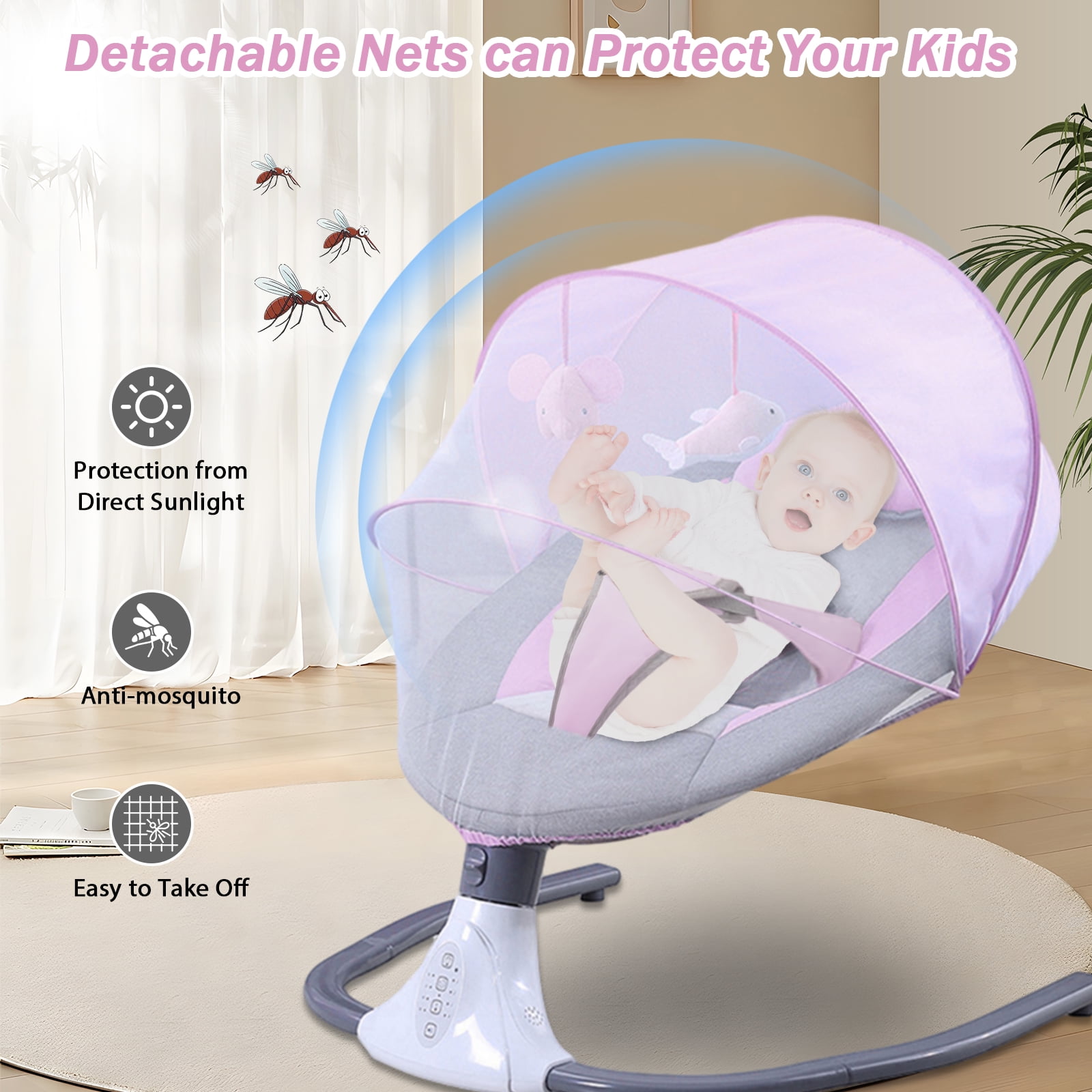 Beuway Electric Baby Swing for Infants - Bluetooth Music Speaker with 12 Lullabies,4 Speeds,4 Timers,Remote Control, Pink