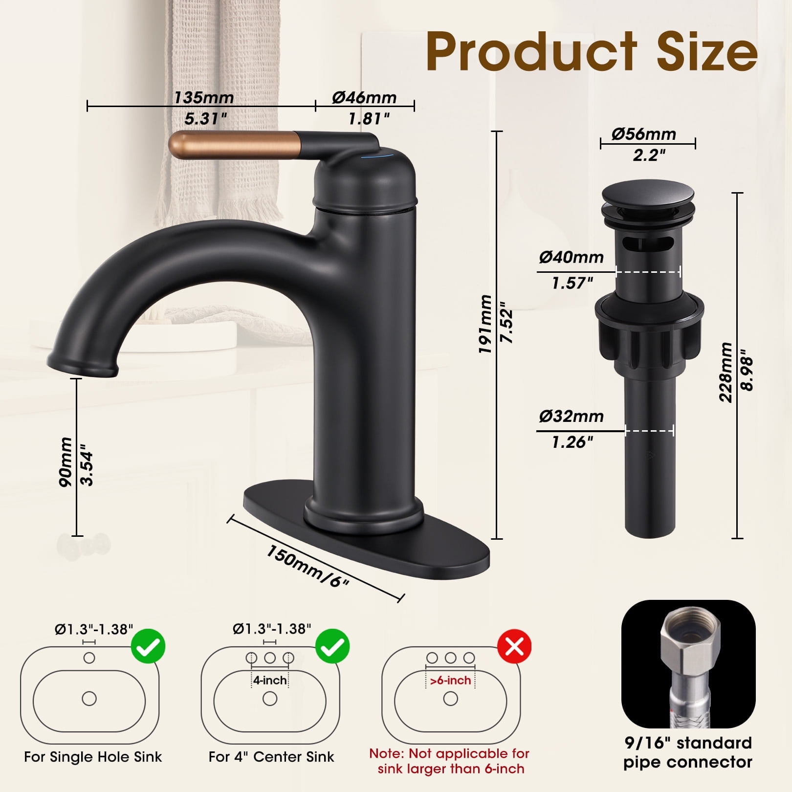 Wowkk Bathroom Faucet Rose Gold Matte Black Bathroom Sink Faucets Single Handle Vanity Faucet Pop-Up Drain Included, Modern RV Faucet with Water Supply Line and Deck Mount 1 Hole or 3 Hole