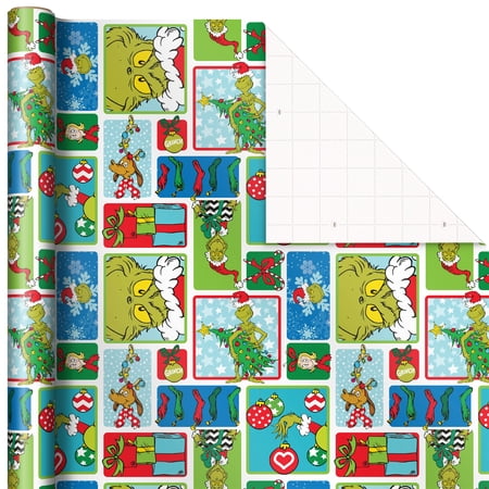 Hallmark Grinch Wrapping Paper for Christmas with Blue Tiles, White Snowflakes, Cindy Lou Who, Max( missing one roll)