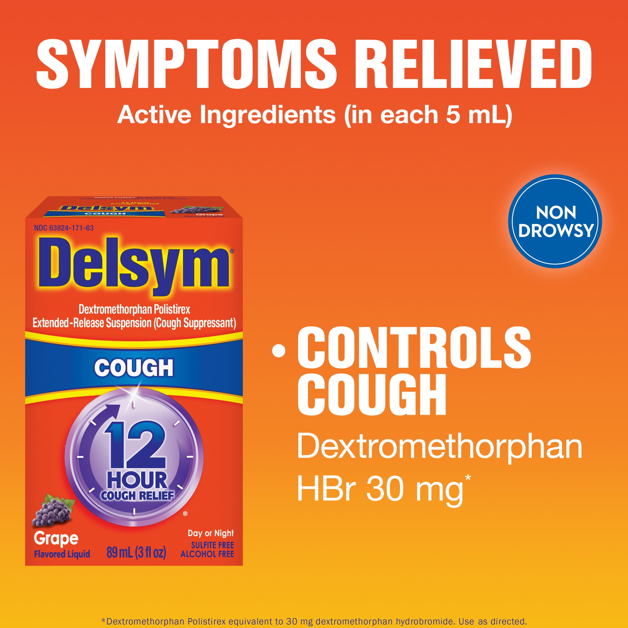 Delsym Adult 12 hour Cough Relief Suppressing Liquid Medicine, Grape Flavor, 3 fl oz