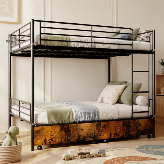 Alvantor Bunk Bed Full over Full for Kids, Metal Bunk Bed with Drawers and Ladder Black